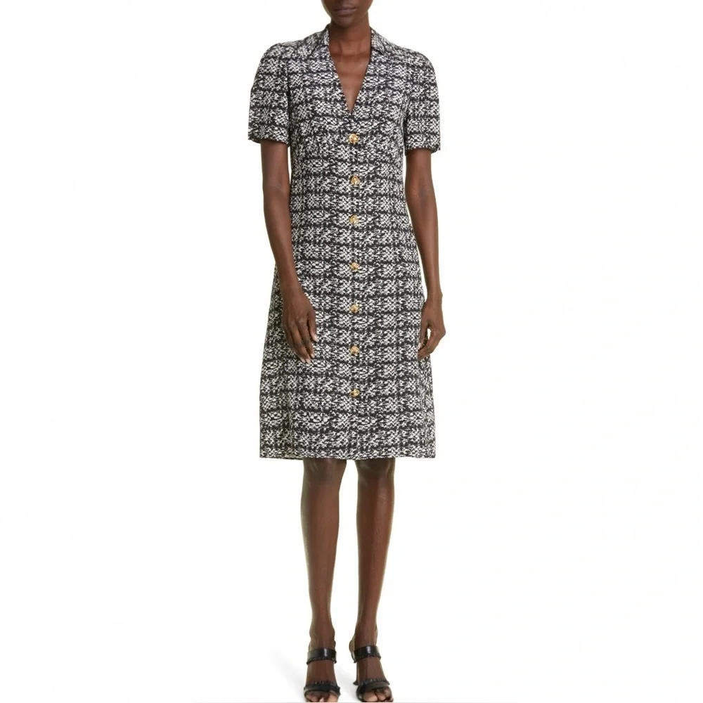 St John Jared Tweed Print Silk Shirtdress Size 4 Midi Goldtone Buttons - Picture 1 of 16